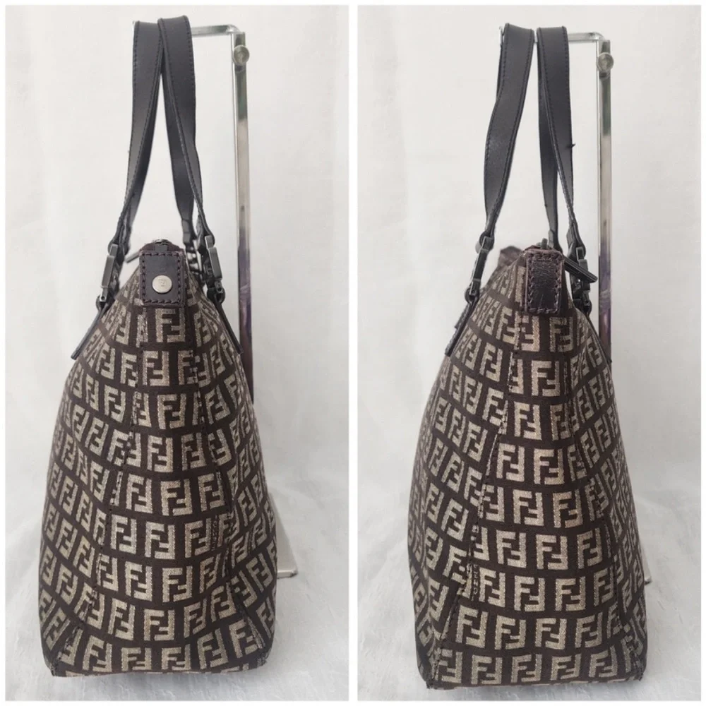 Vintage Fendi Zucchino FF Monogram Canvas Tote Bag Brown Leather Trim Italy - Picture 5 of 10
